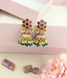 Jadau kundan jhumkas with pearl and natural strawberry beads drop