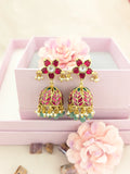 Jadau kundan floral jhumkas with pearl and natural strawberry beads drops