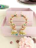 Jadau kundan peacock full earcuff jhumkas with pearl and natural strawberry beads drop