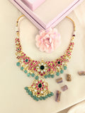 Jadau kundan peacock necklace with pearl and natural strawberry beads drop (No earrings)