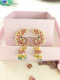 Jadau kundan peacock jhumkas with pearl and natural strawberry beads drop