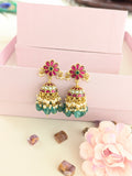 Jadau kundan floral jhumkas with pearl and natural strawberry beads drop