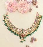 Jadau kundan peacock necklace with pearl and natural strawberry beads drop(No earrings)