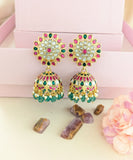 Jadau kundan jhumkas with pearl and natural strawberry beads drop