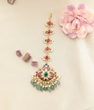 Jadau kundan peacock tika with pearl and natural strawberry beads drop