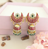 Jadau kundan Moon Jhumkas with pearl and natural strawberry beads