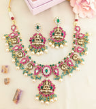 Jadau kundan+Antique goddess Laxmi necklace set with beads and pearls (With Earrings)