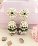 Jadau Moissonite jhumkas with pearl and natural strawberry beads drop