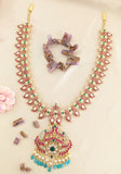 Jadau kundan peacock long mango necklace with pearl and natural strawberry beads(No Earrings)