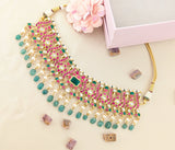 Jadau kundan peacock necklace with pearl and natural strawberry beads drop(No Earrings)