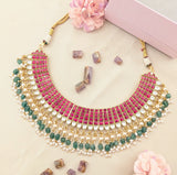 Jadau kundan layer necklace with pearl and natural strawberry beads(No Earrings)