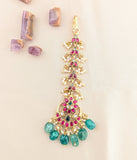 Jadau kundan floral tika with pearl and natural strawberry beads drop