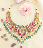 jadau kundan floral necklace with pearl and natural strawberry beads drop(WIthout Earrings)