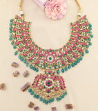 Jadau kundan peacock bridal necklace with pearl and natural strawberry beads drop(No Earrings)