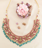 Jadau kundan goddess laxmi necklace with pearl and natural strawberry beads drop(No Earrings)
