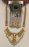 Temple/Antique goddess laxmi peacock long necklace with pearl and natural strawberry beads drop(With Earrings)