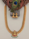 Jadau kundan + Temple/Antique Goddess Laxmi coin peacock necklace with pearl and natural strawberry beads(With Earrings)