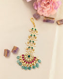 Jadau kundan tika with pearl and natural strawberry beads drop