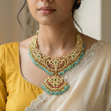 Jadau Kundan long Peacock necklace with pearl and natural strawberry beads drops(No earrings)