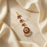 Jadau kundan floral tika with pearl drop and natural strawberry beads