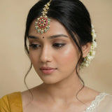 Jadau Kundan floral tika with pearls drops and natural strawberry beads