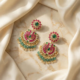 Jadau Kundan Lotus Chand Bali with Natural strawberry beads