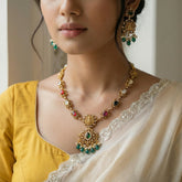 temple/antique short goddess laxmi navratna necklace with pearl and natural strawberry beads(With Earrings)
