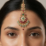Jadau kundan tika with pearl drop and natural strawberry beads
