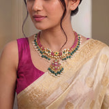 Jadau Kundan Peacock Festive Necklace with RicePearl & Strawberry Beads
