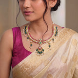 Jadau Kundan 3 Line Peacock Necklace with RicePearl & Strawberry Beads