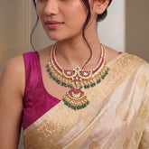 Jadau Moissonite Peacock 3 layer Necklace with Pearl & Natural Strawberry Beads