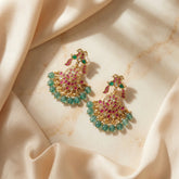 Jadau kundan Peacock earrings drop with pearl and natural strawberry beads