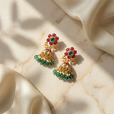 Jadau kundan jhumkas with pearl and natural strawberry beads drop
