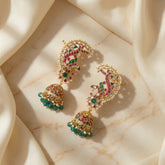 Jadau kundan peacock full Earcuff Jhumkas with pearl and natural strawberry beads drops