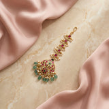 Jadau kundan tika with pearl and natural strawberry beads drop