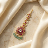 Jadau kundan floral tika with pearl and natural strawberry beads