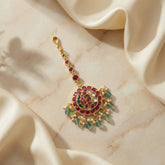 Jadau Kundan peacock tika with pearl and natural strawberry beads