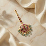 Jadau Kundan peacock tika with pearl and natural strawberry beads