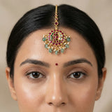 Jadau Kundan peacock tika with pearl and natural strawberry beads