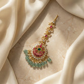 jadau kundan bridal tika with pearl and natural strawberry beads drop
