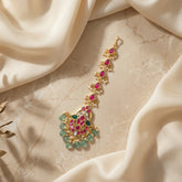 Jadau kundan Peacock tika with pearl and strawberry beads drop