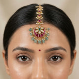 Jadau kundan tika with pearl and natural strawberry beads drop