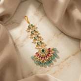 Jadau kundan tika with pearl and natural strawberry beads drop