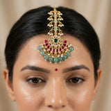 Jadau kundan tika with pearl and natural strawberry beads drop