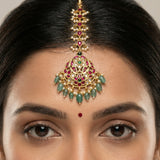 Jadau kundan tika with pearl and natural strawberry beads drop