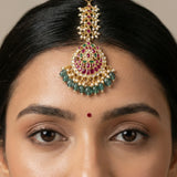 Jadau kundan tika with pearl and natural strawberry beads drop