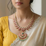 Jadau kundan mango long necklace with pearl and natural strawberry beads drop