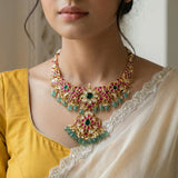 Jadau kundan peacock necklace with pearl and natural strawberry beads drop (No earrings)