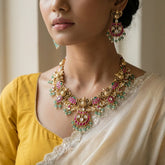 Jadau kundan+Antique peacock necklace set with earrings and natural strawberry beads drop