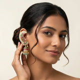 Jadau kundan peacock full earcuff jhumkas with pearl and natural strawberry beads drop